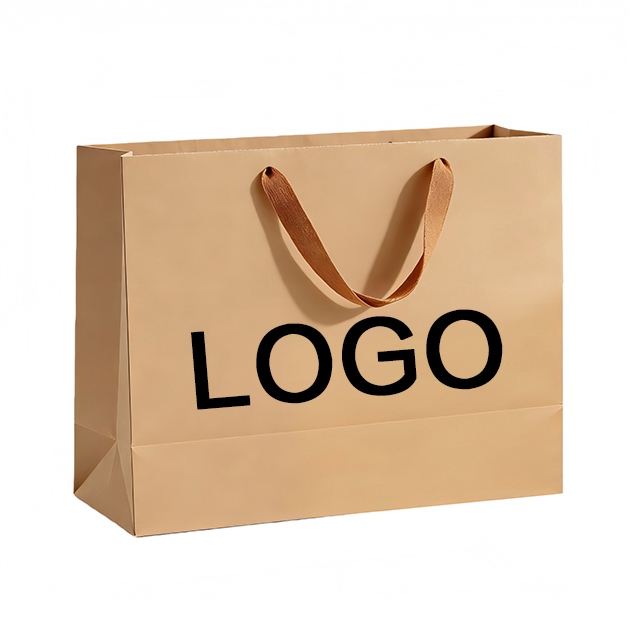 Custom kraft paper shopping bag with ribbon handle and print logo