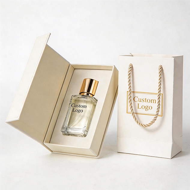 Custom perfume bottle with cream gift box and matching white paper tote bag
