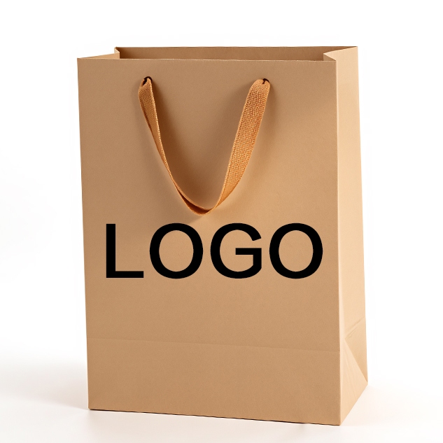 Kraft paper gift tote bag with fabric handle, customizable logo, white background