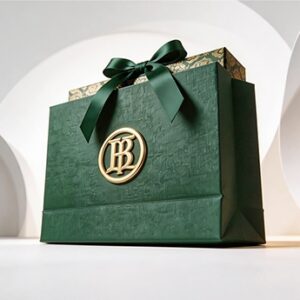 Luxury dark green gift paper bag with gold emblem and satin bow