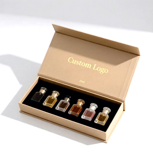 Mini perfume sample set, kraft gift box with six small glass fragrance bottles