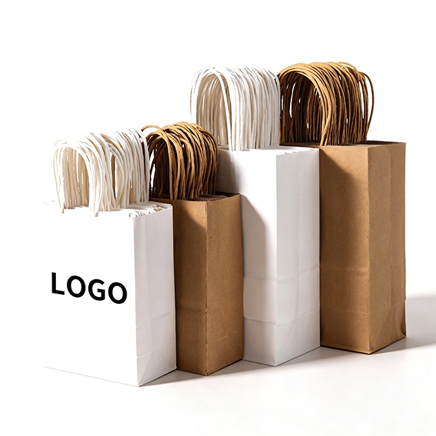 White and brown blank kraft paper tote bags with paper handles