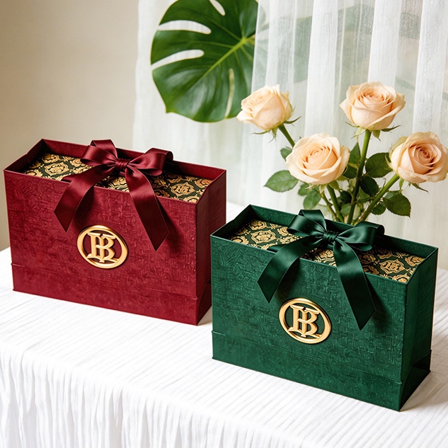 Red and green premium gift bags with roses decoration
