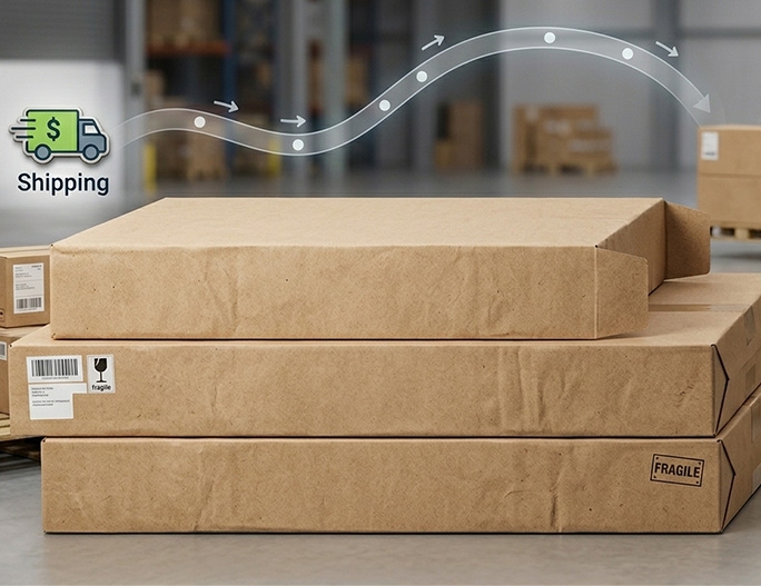 Stacked kraft cardboard shipping boxes in warehouse background with shipping route graphic